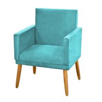 Poltrona Nina Tecido Azul Turquesa com Rodapé e Pés Madeira Palito Retrô Sala Escritório