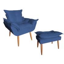 Poltrona Opala Sala De Estar Com Com Puff Redondo Suede Azul Marinho - Hellen Decor