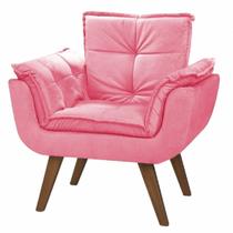 Poltrona Opala Suede Rosa Cadeira Decorativa Sala Recepção Pés Imbuia - Bela Decor