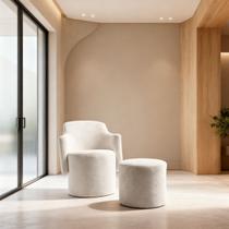 Poltrona Orgânica com puff Confortável Tecido Boucle Estofada Redonda Moderna Elegante Decorativa Sala Estar Recepção