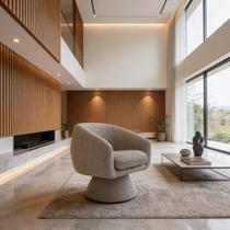 Poltrona Orgânica Giratoria Redonda Sala Venus Confortável Elegante Sapatas Plásticas Linho Bege