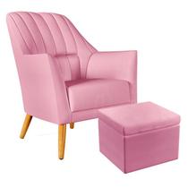 Poltrona Orion Bordada com Puff Quasar Para Sala de Estar Sued Rosê Aradecor