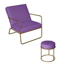 Poltrona para Descanso Iza Com Puff Redondo Base de Ferro Dourado Jardim Varanda Suede Roxo - Móveis Mafer