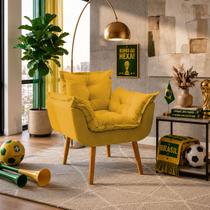 Poltrona para sala decorativa confortavel alice suede mostarda pé castanho