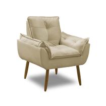 Poltrona Para Sala Decorativa Opala Pés Madeira Suede Bege Império Decor
