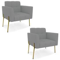 Poltrona Para Sala Pé Metal Dourado Kit 2 Ana Linho Grafite - Ibiza