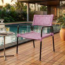 Poltrona Porã Junco Sintético Aço Preto com Braços para Área Externa Varanda e Piscina Lazer - Rosa