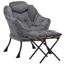 Poltrona Preguiçosa Aunekiv com Puff, Cadeira de Lounge Confortável com Bolso Lateral, Poltrona Moderna para Leitura com Descanso para os Pés, Sofá Estofado para Espaços Pequenos, Quarto, Sala de Estar, Dormitório, Cinza Escuro