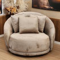 Poltrona Redonda Ayl Base Fixa Em Veludo Bege Com 3 Almofadas