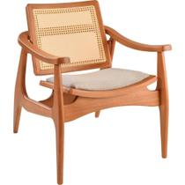 Poltrona Sala Ametista Madeira Maciça Amêndoa Encosto Palha Sextava Assento Tecido Sued