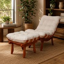 Poltrona Sala Com Puff Modelo Costela Branco Off White Estrutura de Madeira