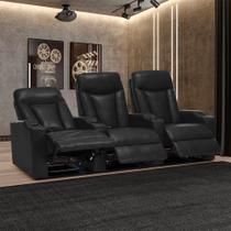 Poltrona Sala de Cinema 3 Lugares Califórnia Aquecimento Massagem Reclinável Manual PU Preto G94 - Gran Belo