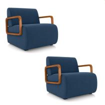Poltrona Sala De Estar Braço De Madeira Kit 2 Hellen Veludo Azul Marinho K01 - D'rossi