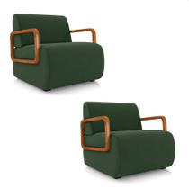 Poltrona Sala de Estar Braço de Madeira Kit 2 Hellen Veludo Verde Musgo K01 - D'Rossi