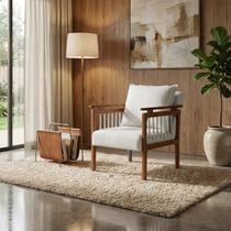 Poltrona Sala Decorativa Ayla Estofada Boucle Branco Base Madeira Castanho