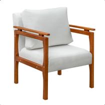 Poltrona Sala Decorativa Dallas Estofada Boucle Cru Base Madeira Castanho