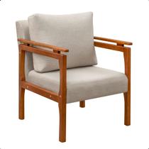 Poltrona Sala Decorativa Dallas Estofada Linho Bege Base Madeira Castanho