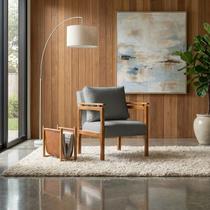 Poltrona Sala Decorativa Dallas Estofada Linho Cinza Base Madeira Castanho Poltrona Sala Decorativa Dallas Estofada Linho Cinza Base Madeira Castanho