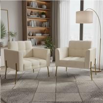 Poltrona Sala Decorativa Kit 2 Elisa Pé Aço Lateral Preto Cotelê Ext/Veludo Off White D03 - D Rossi