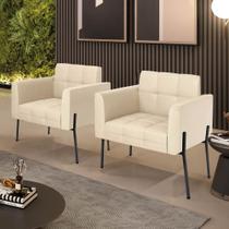 Poltrona Sala Decorativa Kit 2 Elisa Pé Aço Lateral Preto Sintético PU Bege D03 - D Rossi