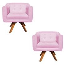 Poltrona Sala Decorativa Kit 2 Julia Giratória Madeira Suede Rosa Bebê M11- D'Rossi