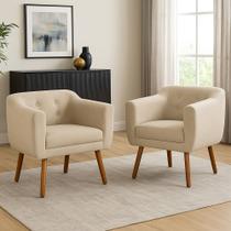 Poltrona Sala Decorativa Kit 2 Julia Pé Palito Castanho Linho Bege M11- D'Rossi