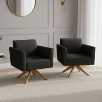 Poltrona Sala Decorativa Kit 2 Marisa Giratória Madeira Suede Preto D03 - D'Rossi
