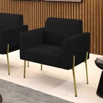 Poltrona Sala Decorativa Marisa Pé Aço Lateral Dourado Linho Preto D03 - D'Rossi