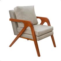 Poltrona Sala Decorativa Stella Estofada Linho Bege Base Madeira Castanho