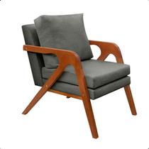 Poltrona Sala Decorativa Stella Estofada Linho Cinza Base Madeira Castanho