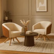 Poltrona Sala Giratória Madeira Kit 2 Stella Sintético PU Nozes/Linho Bege D03 - D'Rossi