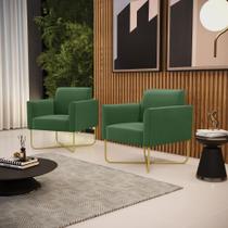 Poltrona Sala Kit 2 Marisa Base Aço Industrial X Dourado Suede Verde D03 - D'Rossi