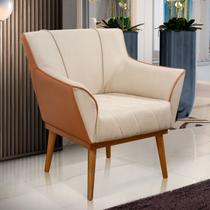 Poltrona Sala Liz Linho Bege e material sintético Caramelo Base Madeira Castanho