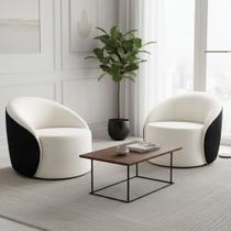 Poltrona Sala Orgânica Kit 2 Lua Fixa Sintético PU Preto/Bouclê Off White D03 - D Rossi Poltrona Sala Orgânica Kit 2 Lua Fixa Sintético PU Preto/Bouclê Off White D03 - D Rossi