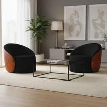 Poltrona Sala Orgânica Kit 2 Lua Giratória Sintético Pu Nozes/linho Preto D03 - D'rossi