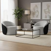 Poltrona Sala Orgânica Kit 2 Lua Giratória Sintético Pu Preto/linho D03 - D'rossi Cor Cinza