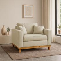 Poltrona Sofa Benny com Almofada Linho Base de Madeira Castanho