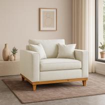 Poltrona Sofa Benny com Almofada Linho Base de Madeira Castanho