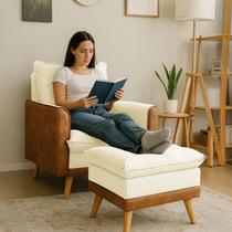 Poltrona Sofá Reclinável Londres com Puff Banqueta Almofadado material sintético Nozes e Linho