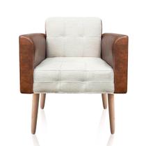 Poltrona Viena Couro Nozes com Linho Bege Pés Palito - D'Rossi