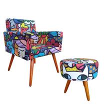 Poltrona Vitória e Puff Bali Decorativo Estampa Romero Brito