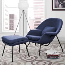 Poltrona Womb Chair com Puff Base Preta Linho Azul - AL MOVEIS