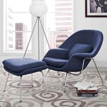 Poltrona Womb Chair com Puff Cromada Linho Azul