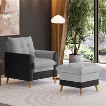 Poltrona York c/ Puff em Linho com Detalhes material sintético e Fibras de Silicone Just Time