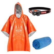 Poncho Aluminizado + Lanterna de Cabeça Katori + Toalha Soft