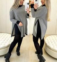 Poncho Blusa Feminino Manga Longa Tricot Ponche Gola Alta