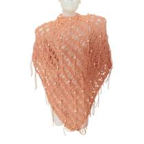 Poncho de Crochê Bege com Pérolas e Franjas Feito à Mão