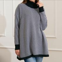 Poncho de Tricô Com Estampa Xadrez e Gola Alta Feminino