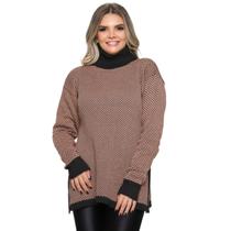 Poncho de Tricô Mousse Xadrez Gola Alta Feminino Plus Size