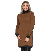 Poncho Feminino de Tricô Mousse Xadrez Gola Alta Plus Size